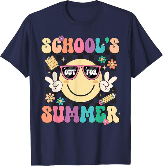 Last Day Of School Retro Schools Out For Summer Teacher Kids T-Shirt - T-Shirt | Navy
