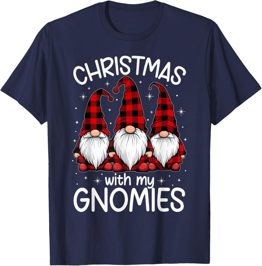 Christmas With My Gnomies Xmas Family Gnome Red Black Plaid T-Shirt - T-Shirt | Navy