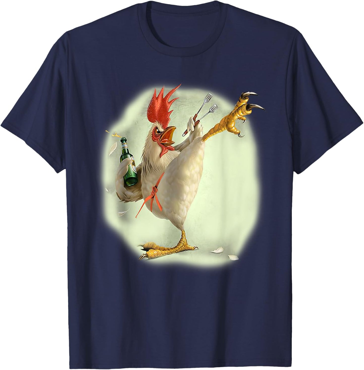 Chicken Beer Karate Kick Cool Chicken Funny Chicken Farmer T-Shirt - T-Shirt | Navy