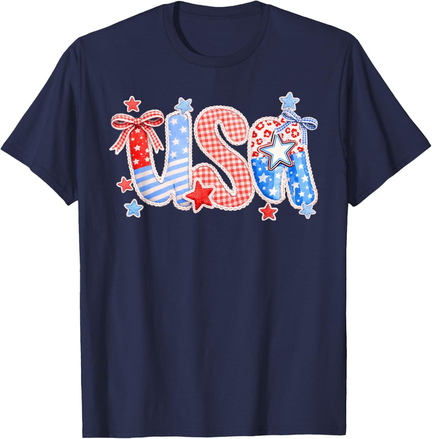 USA Coquette Bow Patchwork Lace Style 4th of July Women Girl T-Shirt - T-Shirt | Navy