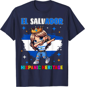 El Salvador Dabbing Girl Hispanic Heritage Celebration Kids T-Shirt - T-Shirt | Navy