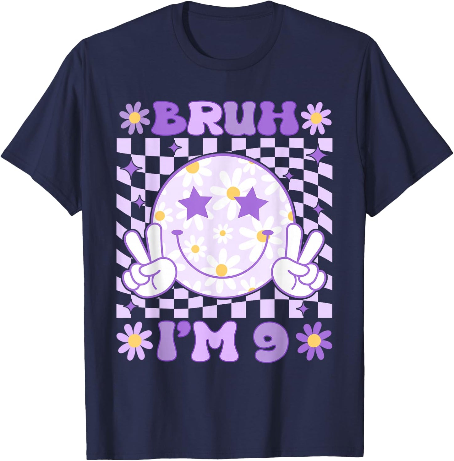 Bruh I'm 9 Years Old Purple Birthday Girls Boys 9th Birthday T-Shirt - T-Shirt | Navy