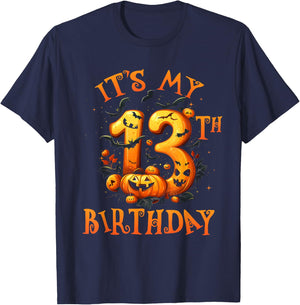 Boo It's My 13th Birthday Halloween Pumpkin 13 Years Old T-Shirt - T-Shirt | Navy