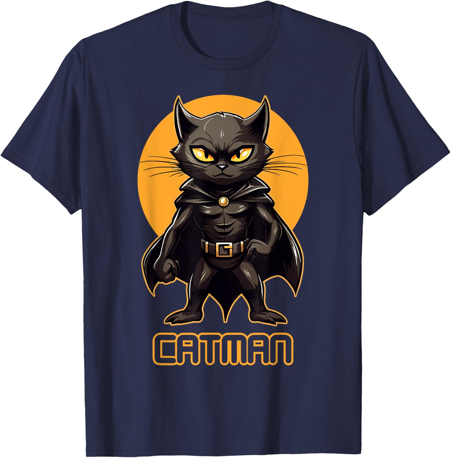 Superhero Cat, Catman, Funny Black Cat, Cat With Cape T-Shirt - T-Shirt | Navy