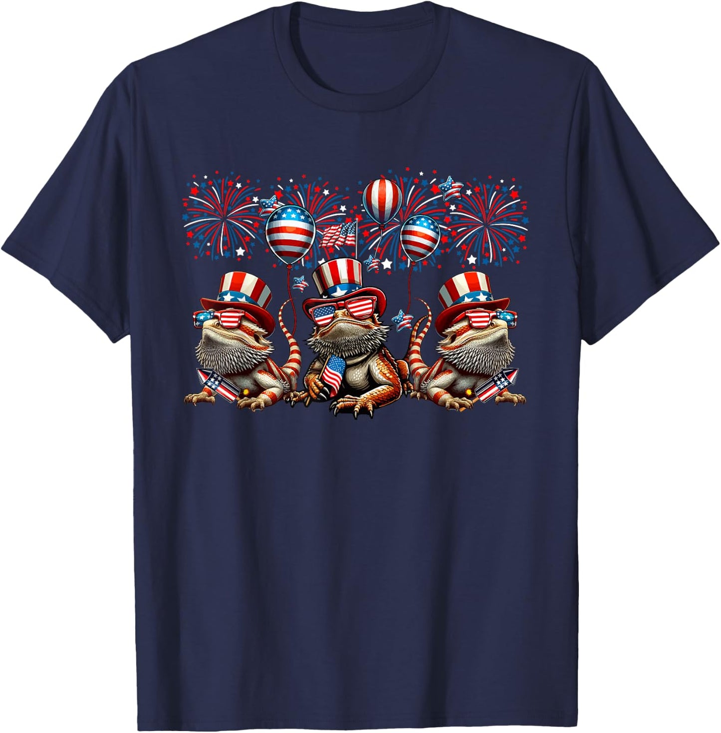 Three Cute Bearded Dragons 4th July Proud Flag Fireworks T-Shirt - T-Shirt | Navy