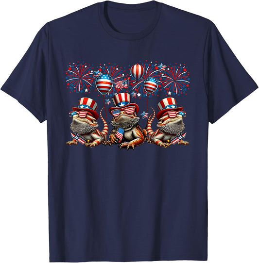 Three Cute Bearded Dragons 4th July Proud Flag Fireworks T-Shirt - T-Shirt | Navy