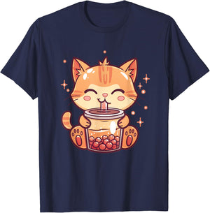 Cute Cat Boba Tea Bubble Tea Anime Kawaii Neko T-Shirt - T-Shirt | Navy