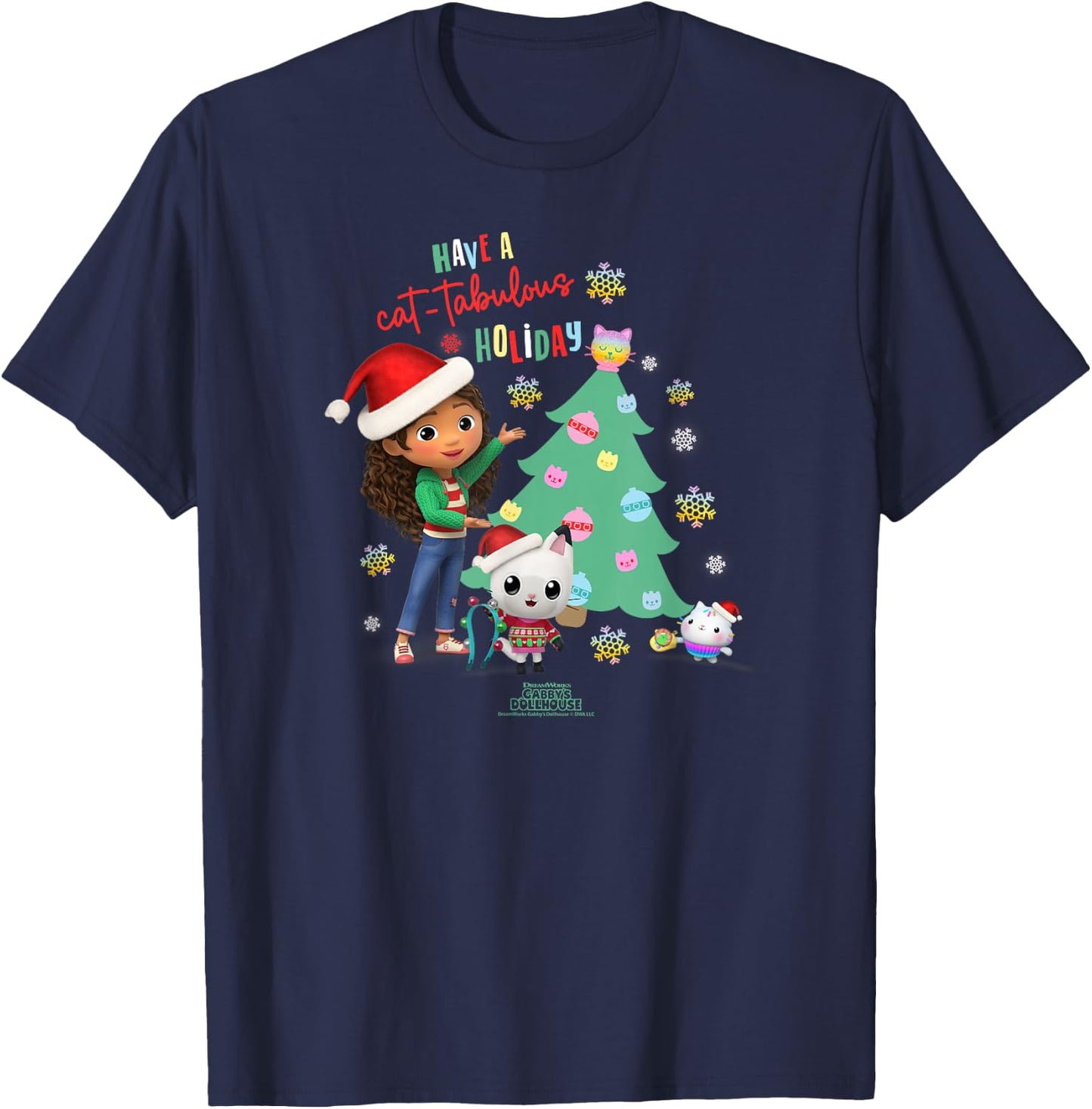 DreamWorks Gabby's Dollhouse Kids Black Cartoon Christmas , Short Sleeve, Small, Cat-tabulous Holiday T-Shirt - T-Shirt | Navy