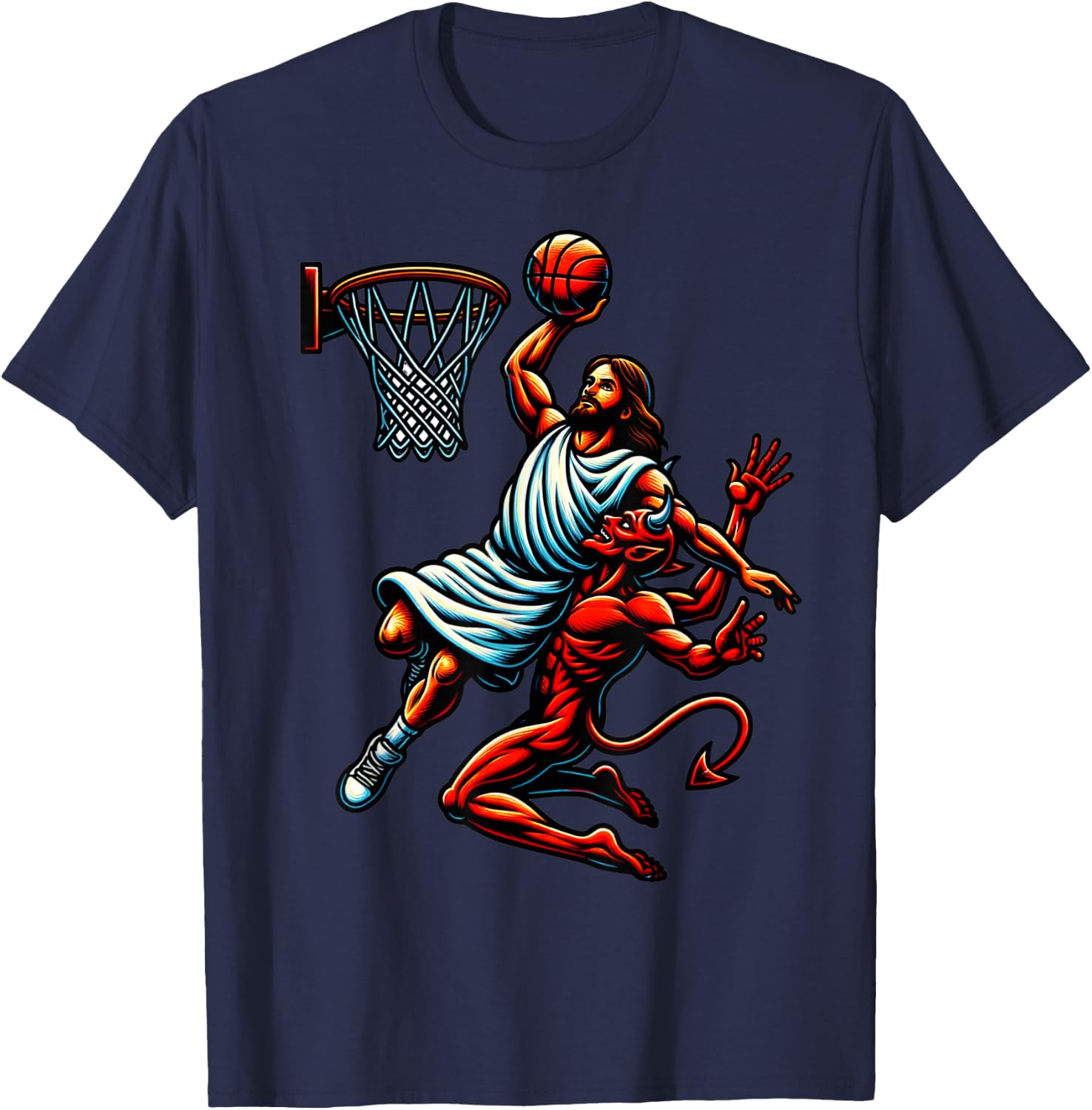 Jesus Dunking On The Devil Basketball Cool Bball T-Shirt - T-Shirt | Navy
