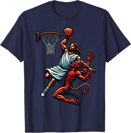 Jesus Dunking On The Devil Basketball Cool Bball T-Shirt - T-Shirt | Navy