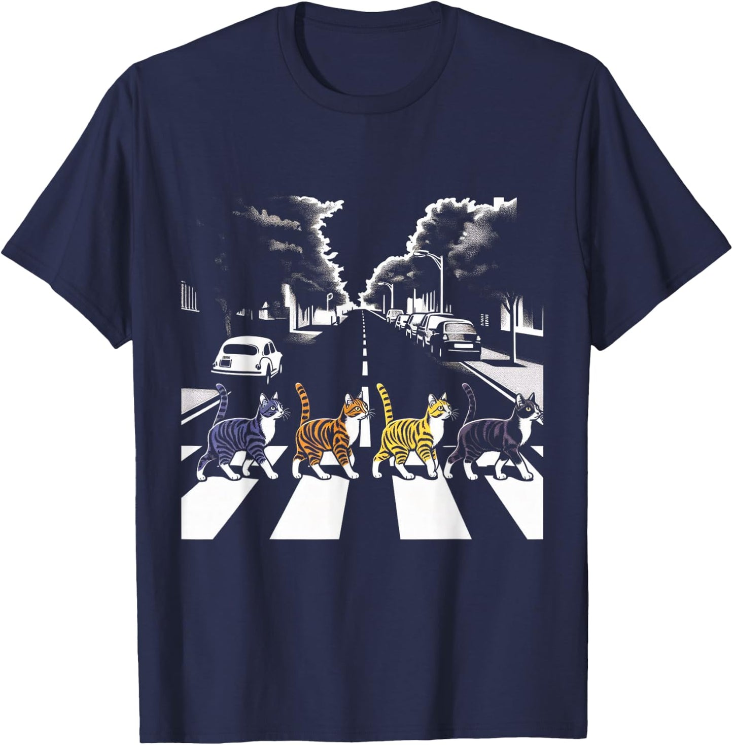 Cat Crosswalk Parody - Colorful Cats Crossing Road Funny T-Shirt - T-Shirt | Navy