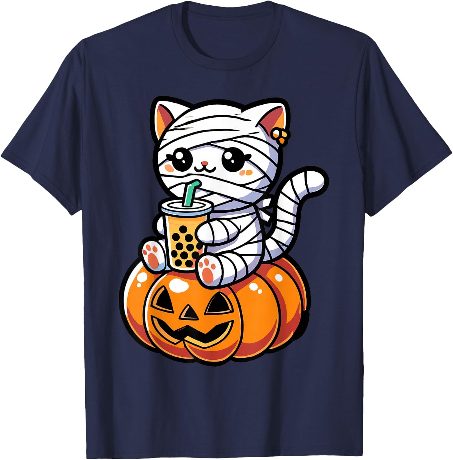 Kawaii Mummy Cat Drinking Boba Tea Halloween Pumpkin Men Women Kids T-Shirt - T-Shirt | Navy