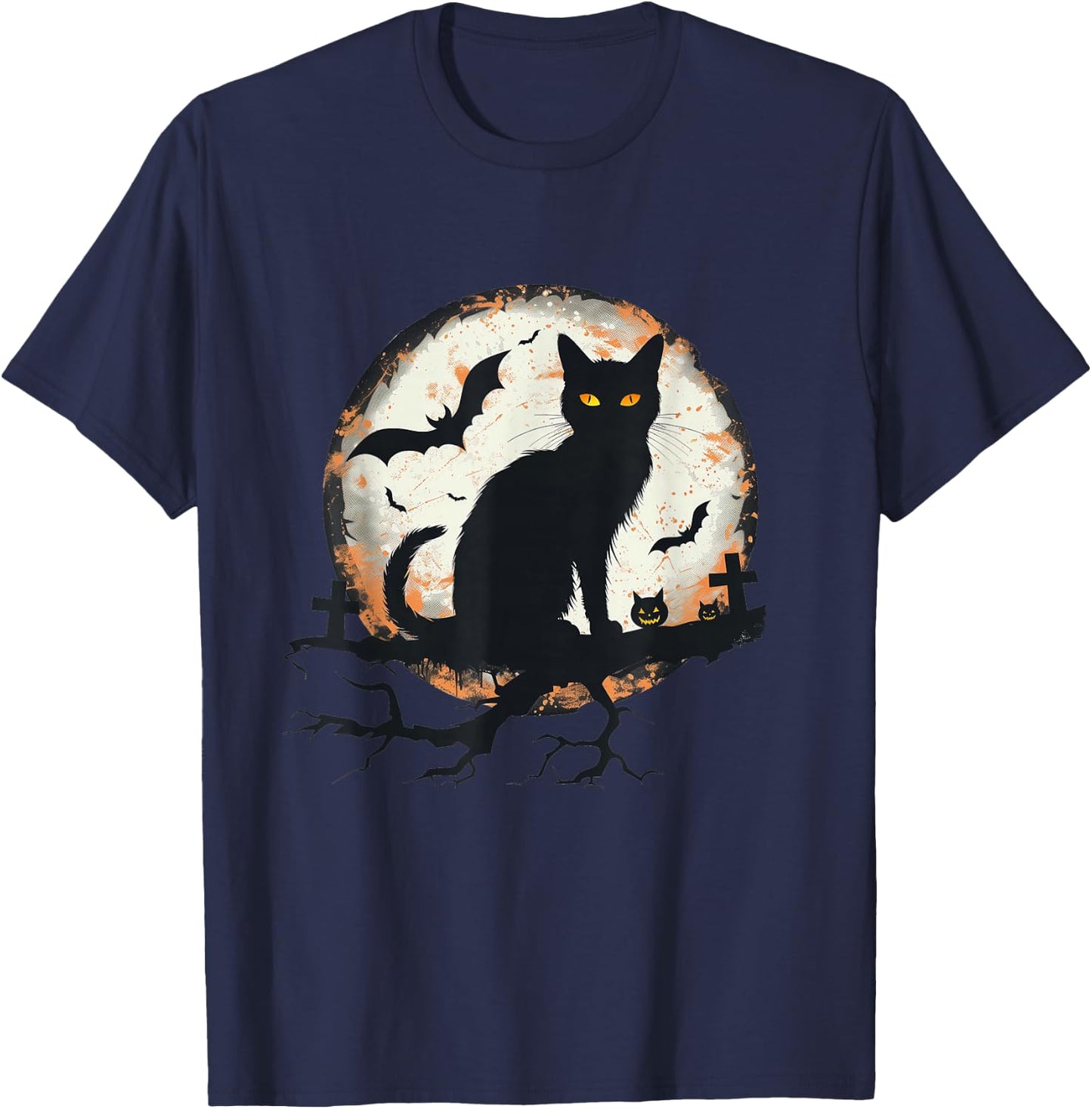 Halloween Cat Pumpkin Bat Moon Cemetery Scary Men Women Kids T-Shirt - T-Shirt | Navy