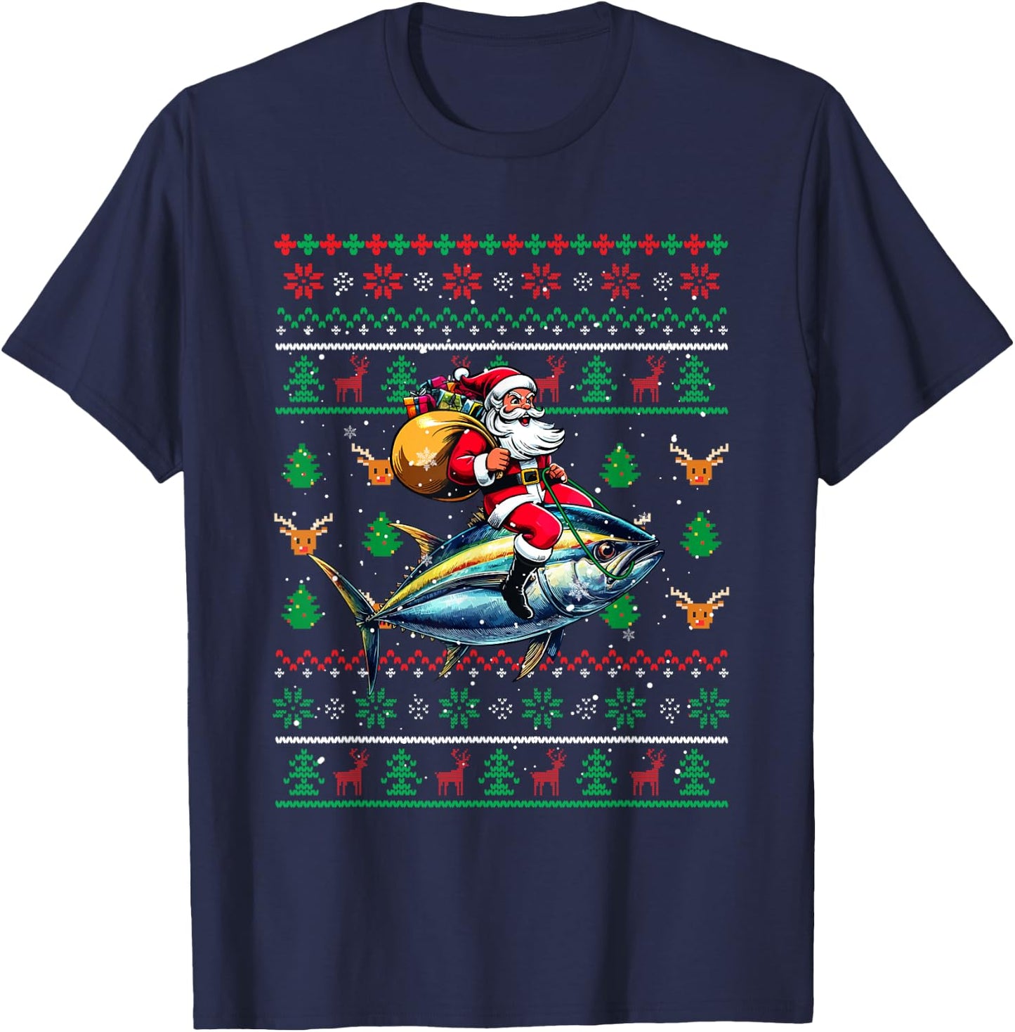 Santa Riding Tuna Christmas Sweater Fishing Fisherman T-Shirt - T-Shirt | Navy