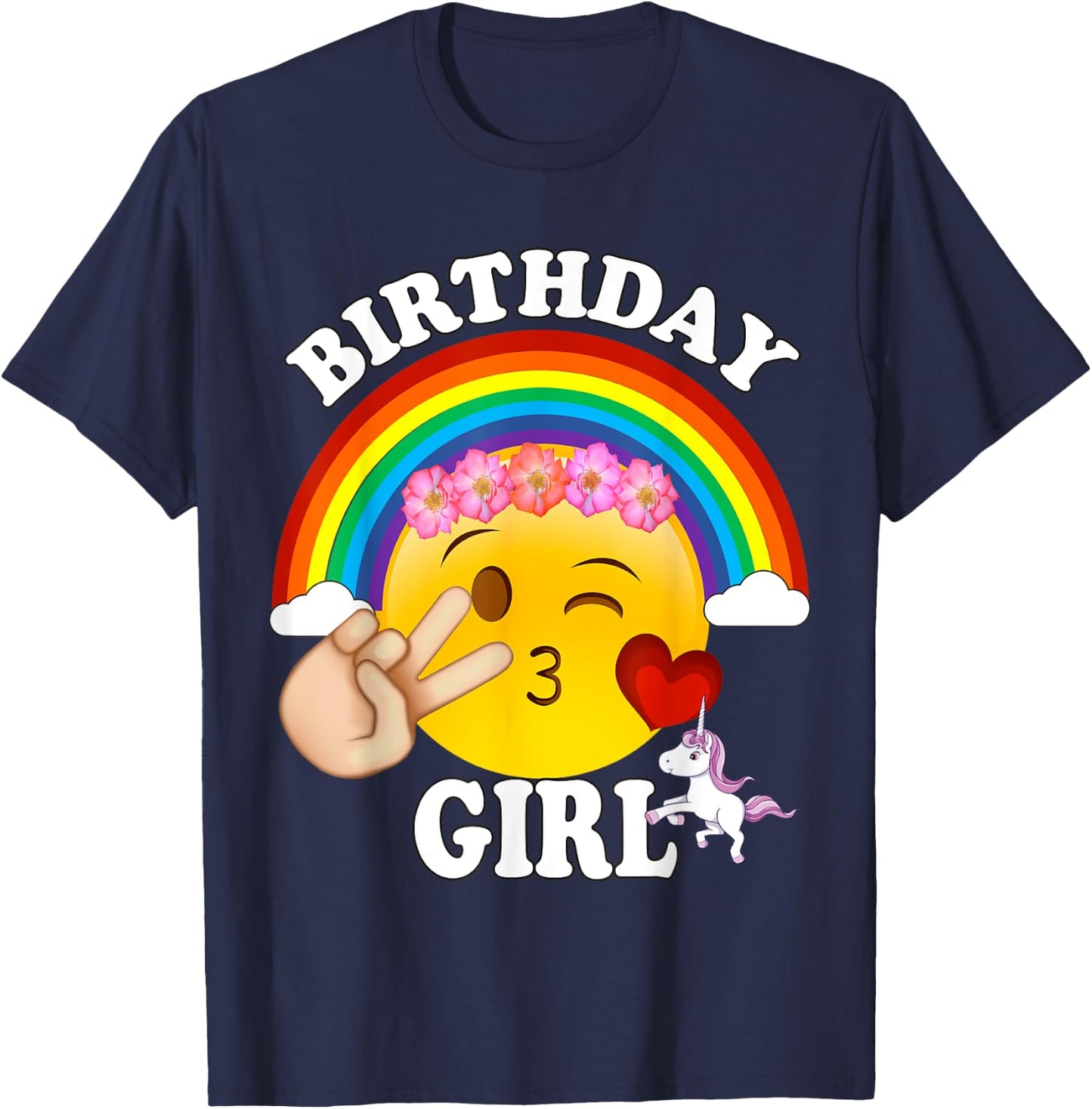 Birthday For Girls Unicorn Rainbow Heart Kiss T-Shirt - T-Shirt | Navy