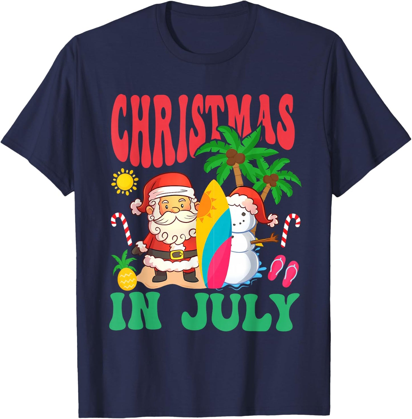 Santa Surfing Hawaiian Beach Christmas In July 2026 T-Shirt - T-Shirt | Navy