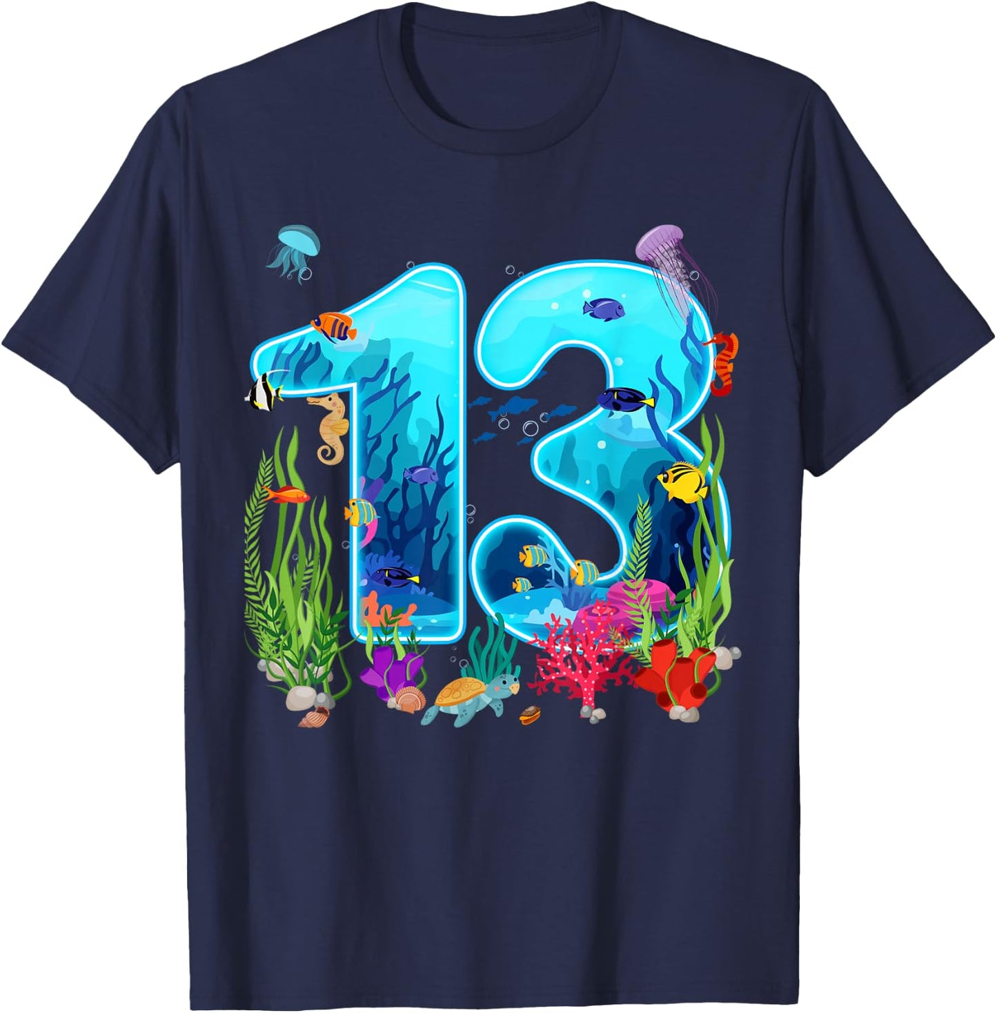 Cute 13 Ocean Sea Animal 13th Bday Party 13 Years Old T-Shirt - T-Shirt | Navy