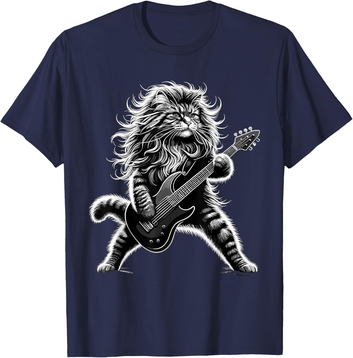 Rock and Roll Cat Playing Guitar T-Shirt - T-Shirt | Navy