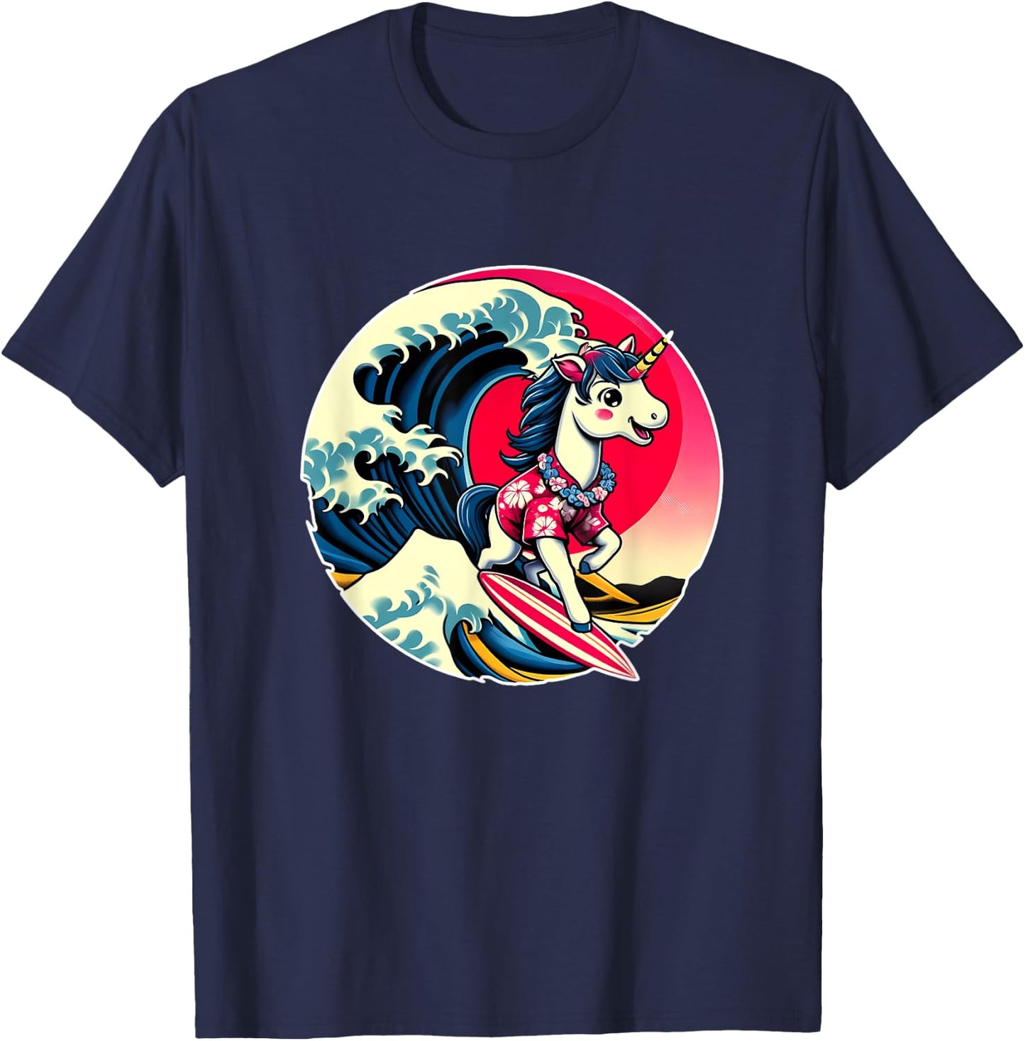 Great Wave Kanagawa Unicorn Surfing T-Shirt - T-Shirt | Navy
