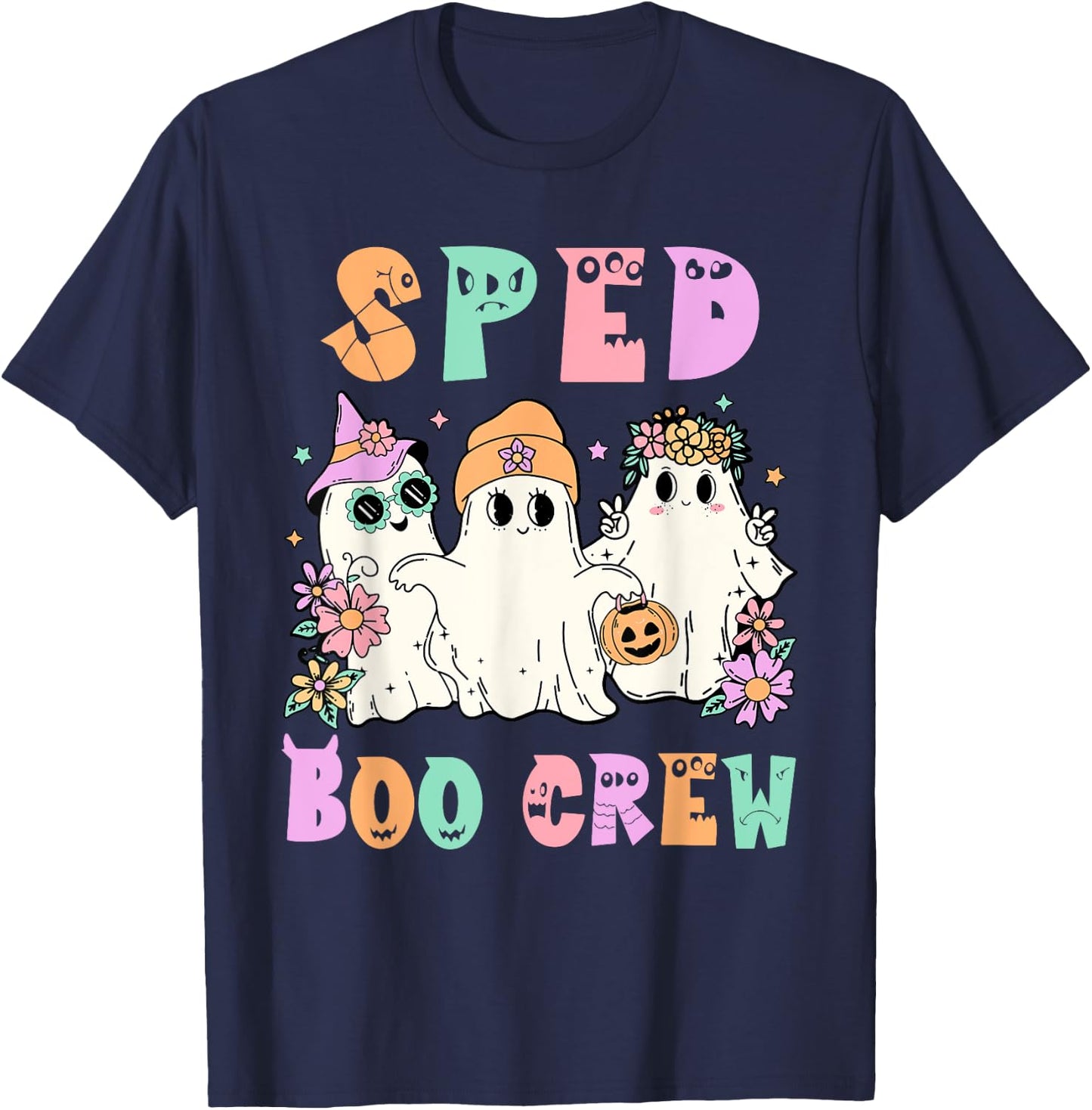 Floral SPED Boo Crew Halloween Ghost Special Ed SPED Teacher Men Women T-Shirt - T-Shirt | Navy