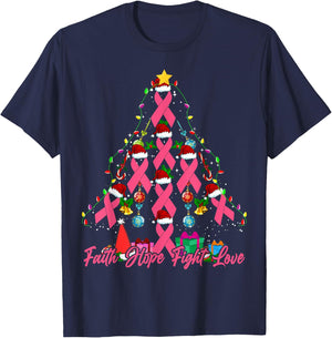 Santa Pink Ribbon Christmas Tree Breast Cancer Awareness T-Shirt - T-Shirt | Navy