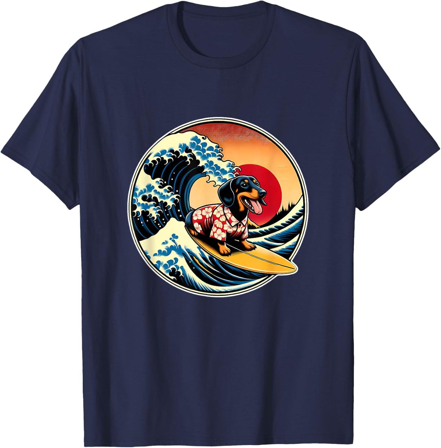 Great Wave Kanagawa Weiner Dachshund Dog Surfing Men Women Kids T-Shirt - T-Shirt | Navy