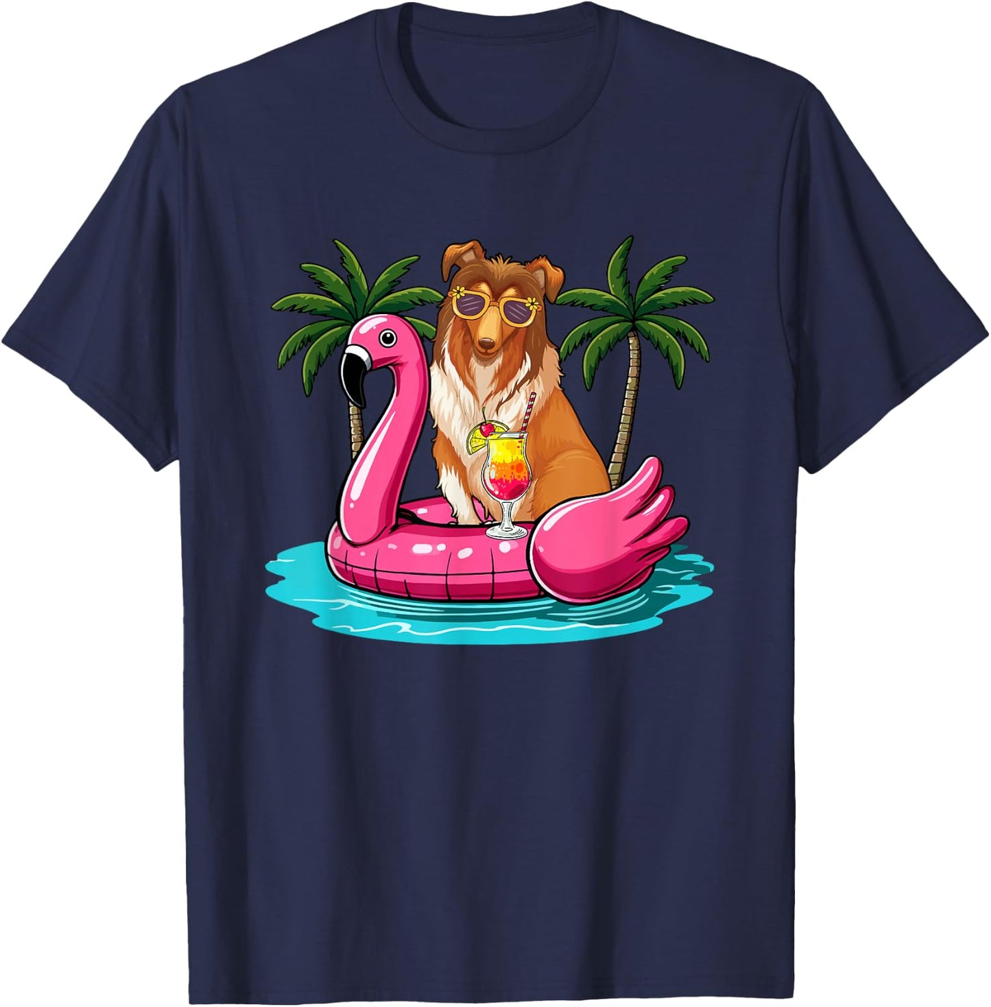 Sheltie Sunglasses On Flamingo Cute Float Costume Summer T-Shirt - T-Shirt | Navy
