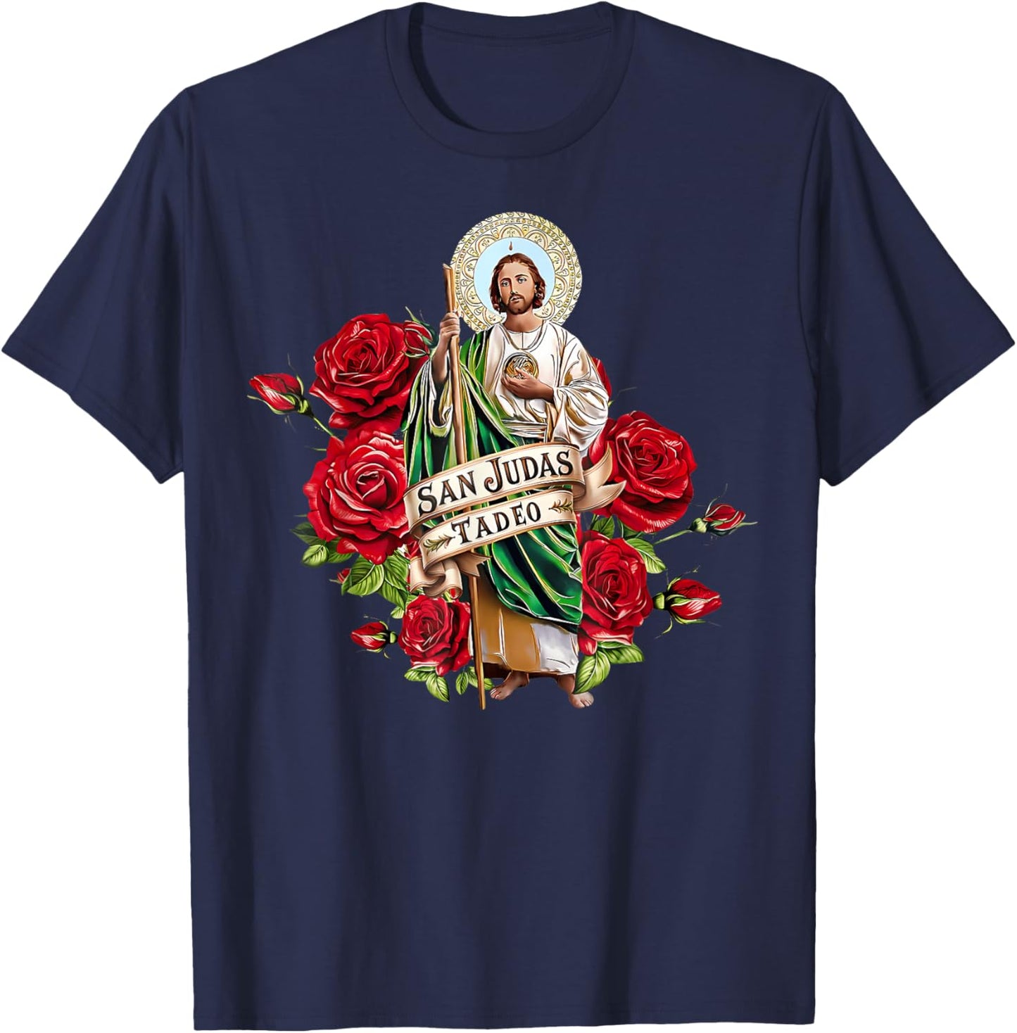 Girls Women Red Roses San Judas Tadeo Con Bandera De Mxico T-Shirt - T-Shirt | Navy