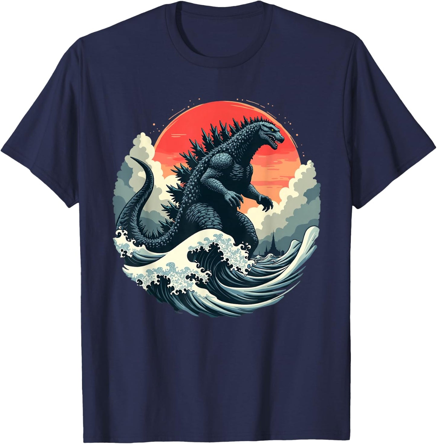 Vintage Japanese Kaiju Monster The Great Wave Off Kanagawa T-Shirt - T-Shirt | Navy