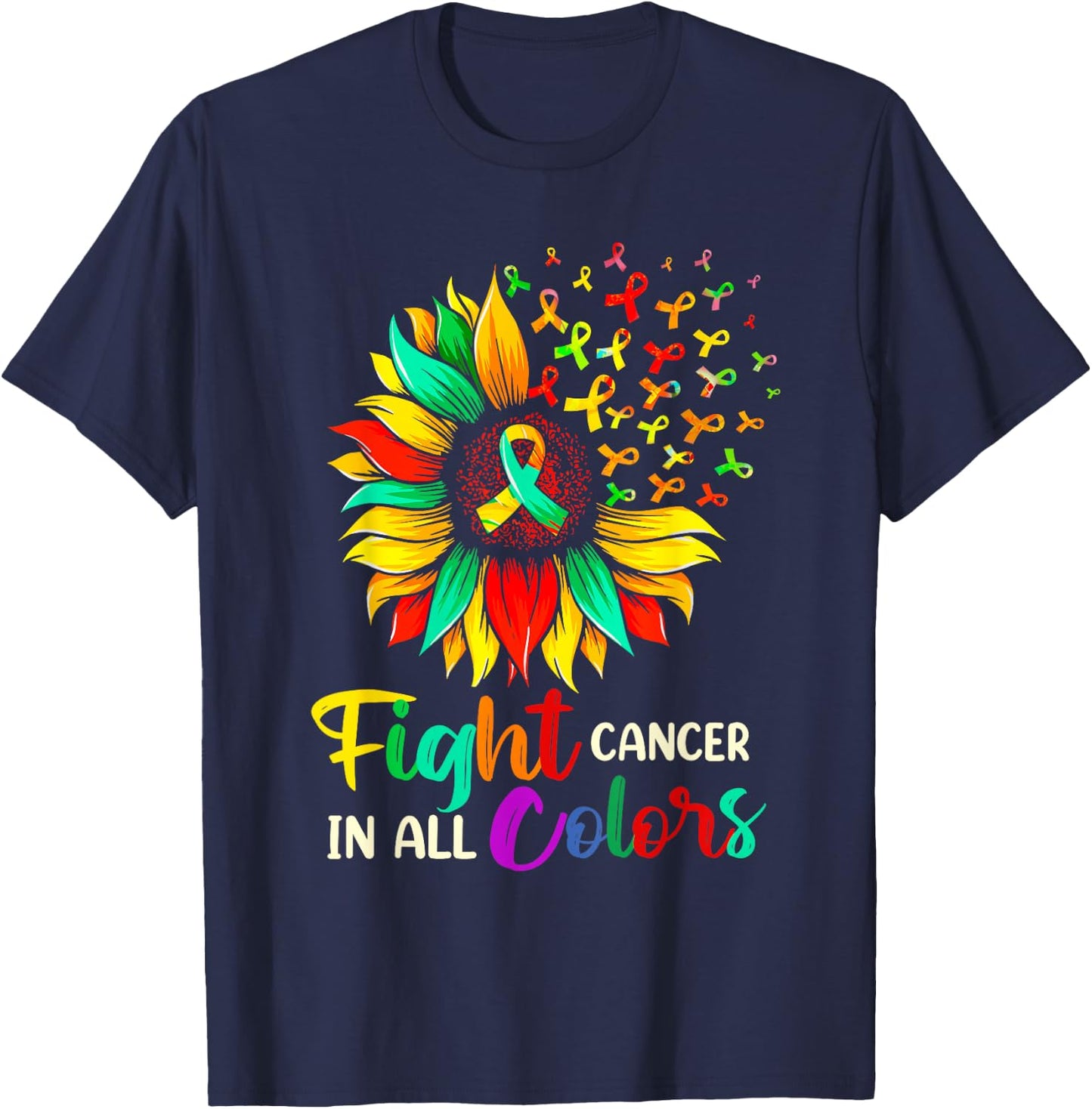 Fight Cancer In All Color Sunflower Breast Cancer Awareness T-Shirt - T-Shirt | Navy