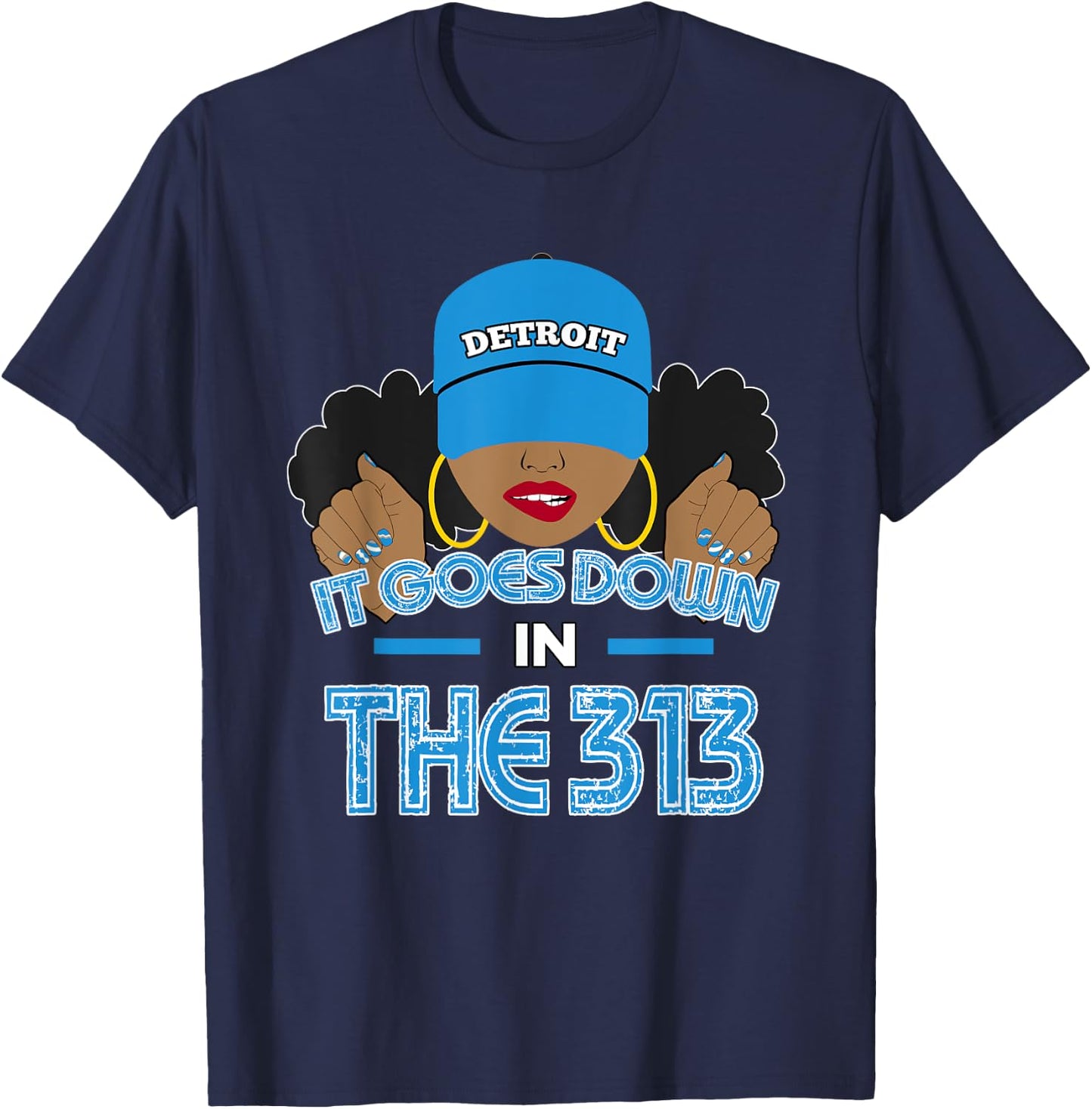 313 Detroit Hometown African American Woman Retro T-Shirt - T-Shirt | Navy
