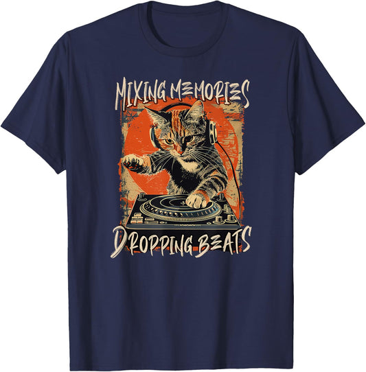 Funny DJ Cat Disco Sound Tech Headphone Music Men Women T-Shirt - T-Shirt | Navy