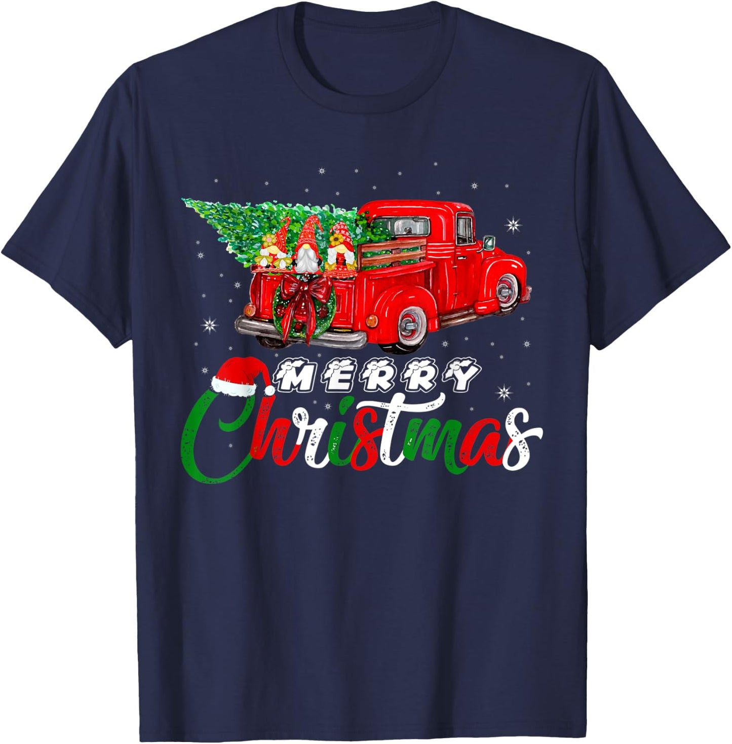Three Gnomes In Red Truck With Christmas Pine Tree Xmas Day T-Shirt - T-Shirt | Navy