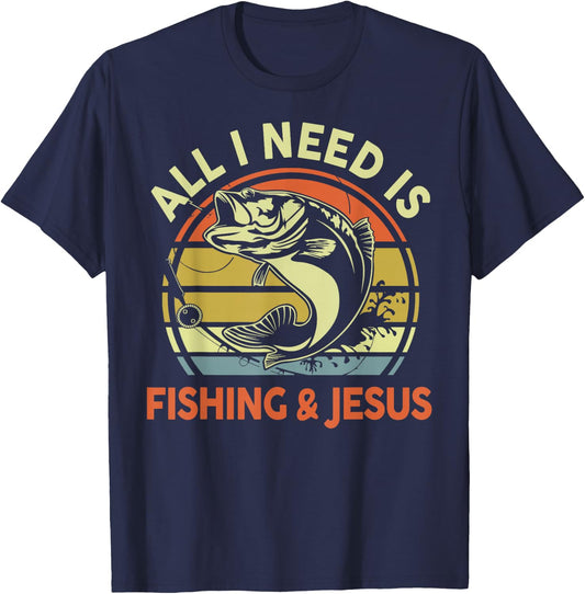 All I Need Is Fishing Jesus Funny Christian Fishing Bass Dad T-Shirt - T-Shirt | Navy