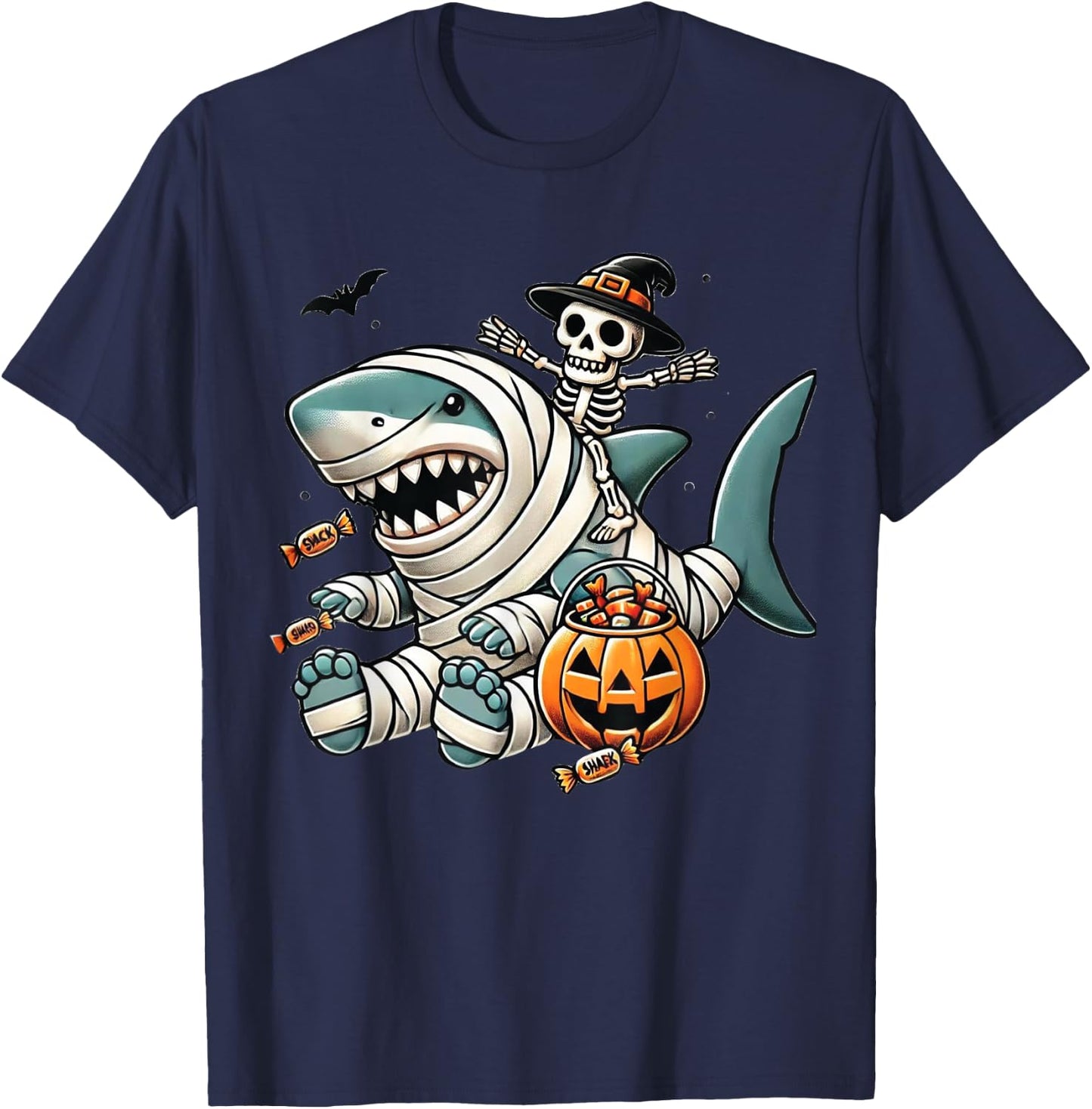 Skeleton Riding Shark Funny Halloween Pumpkin Boys Kids T-Shirt - T-Shirt | Navy