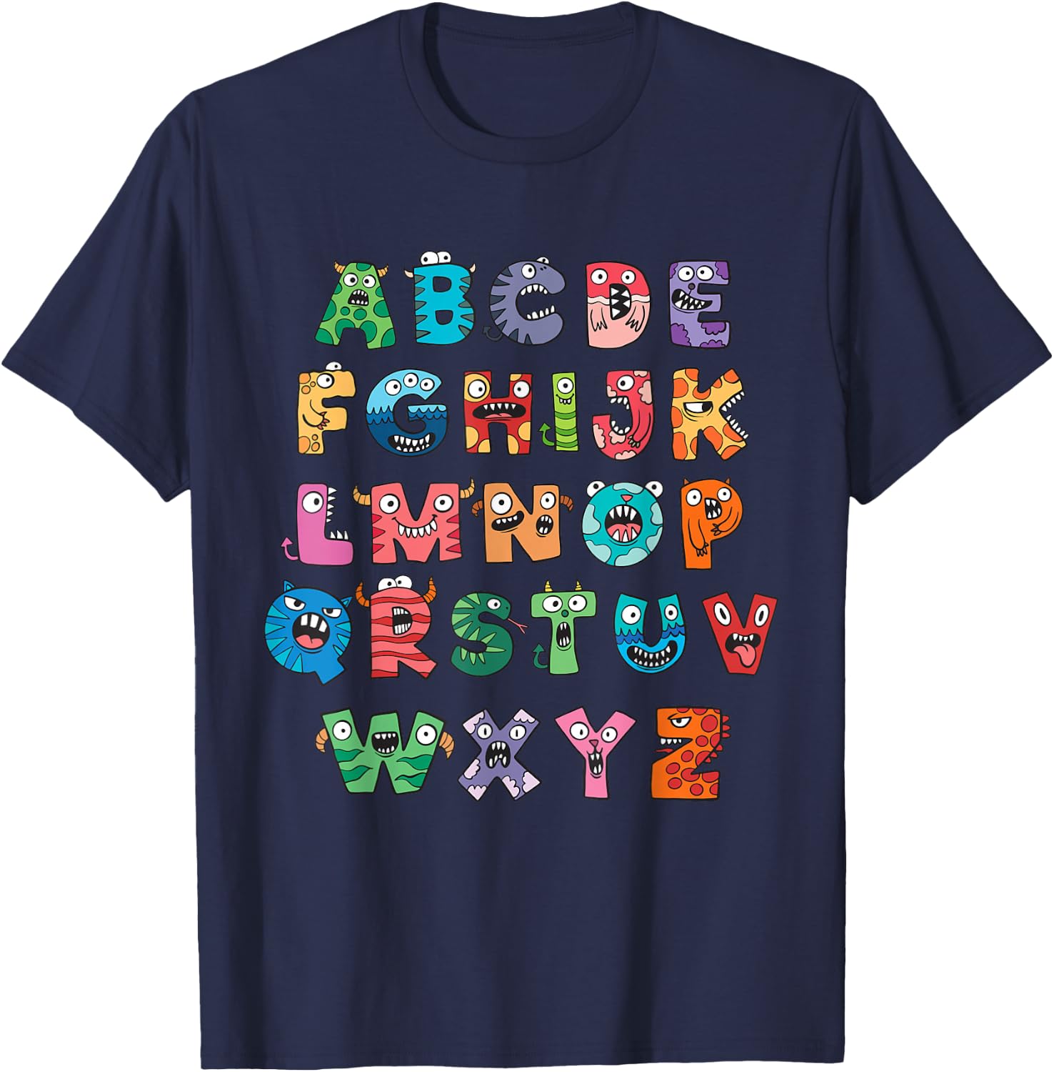 Monster Alphabet Fun Colorful Educational Kids T-Shirt - T-Shirt | Navy