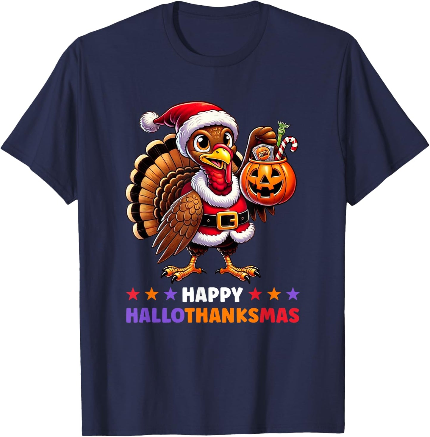Happy HalloThanksMas Halloween Thanksgiving Xmas Funny T-Shirt - T-Shirt | Navy