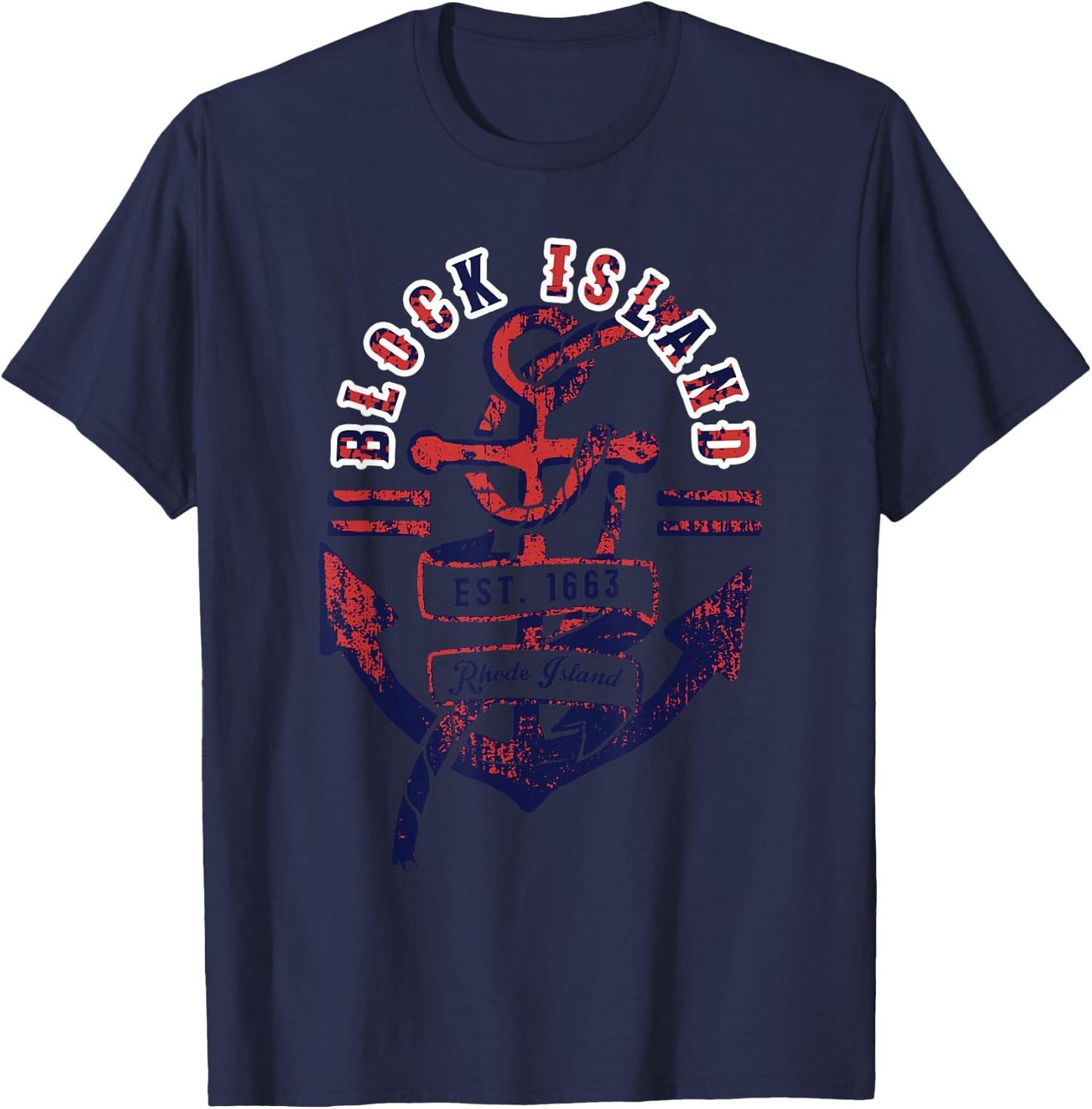 Vintage Distressed Anchor & Rope Block Island Rhode Island T-Shirt - T-Shirt | Navy