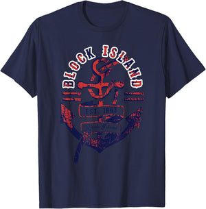 Vintage Distressed Anchor & Rope Block Island Rhode Island T-Shirt - T-Shirt | Navy