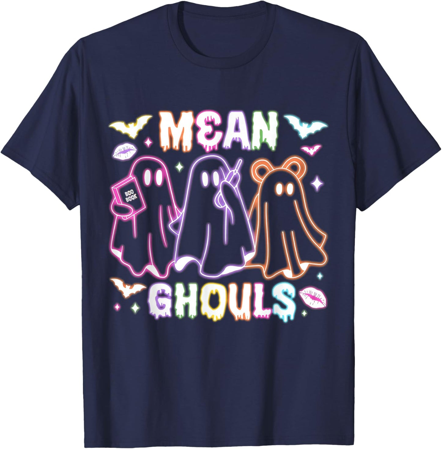 Cute Ghost Mean Ghouls Neon Halloween Spooky Season Costume T-Shirt - T-Shirt | Navy