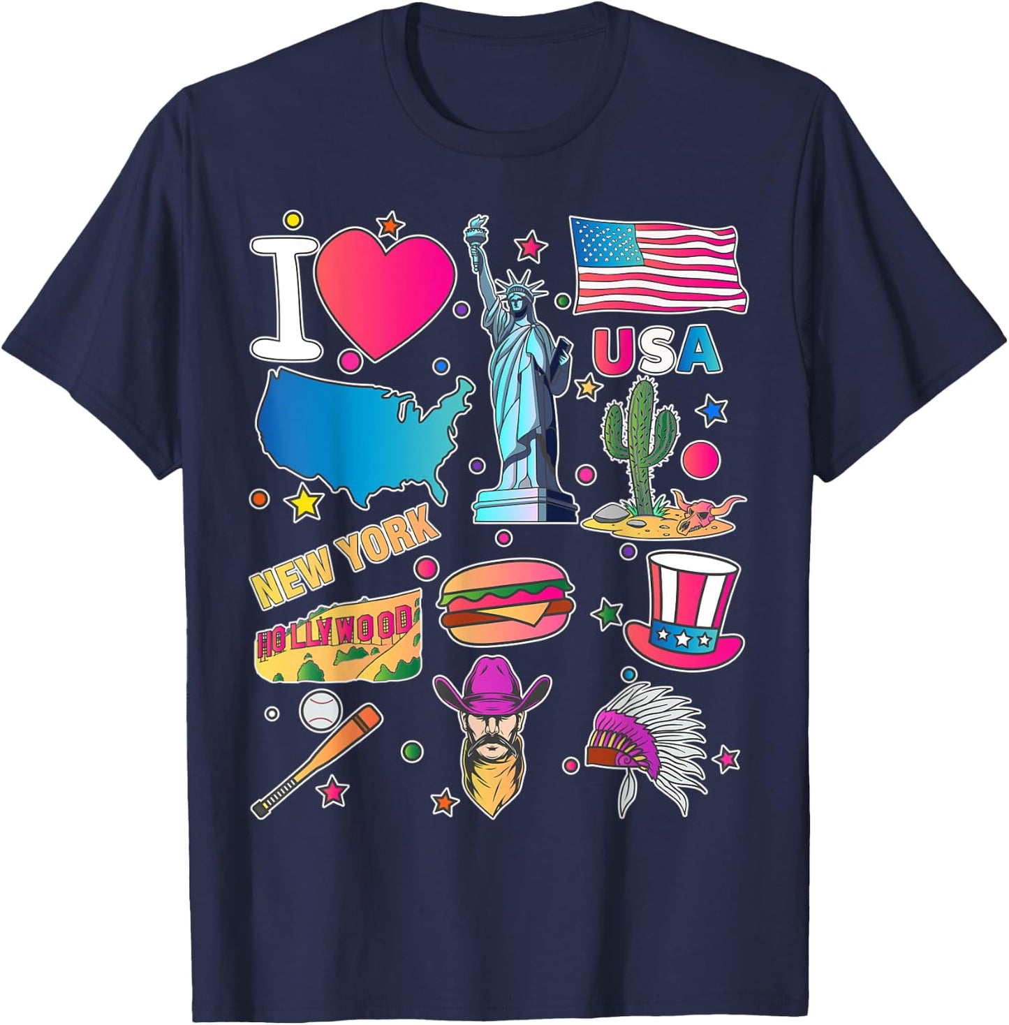 hand drawn American travel symbols, USA map, Cultural icons T-Shirt - T-Shirt | Navy