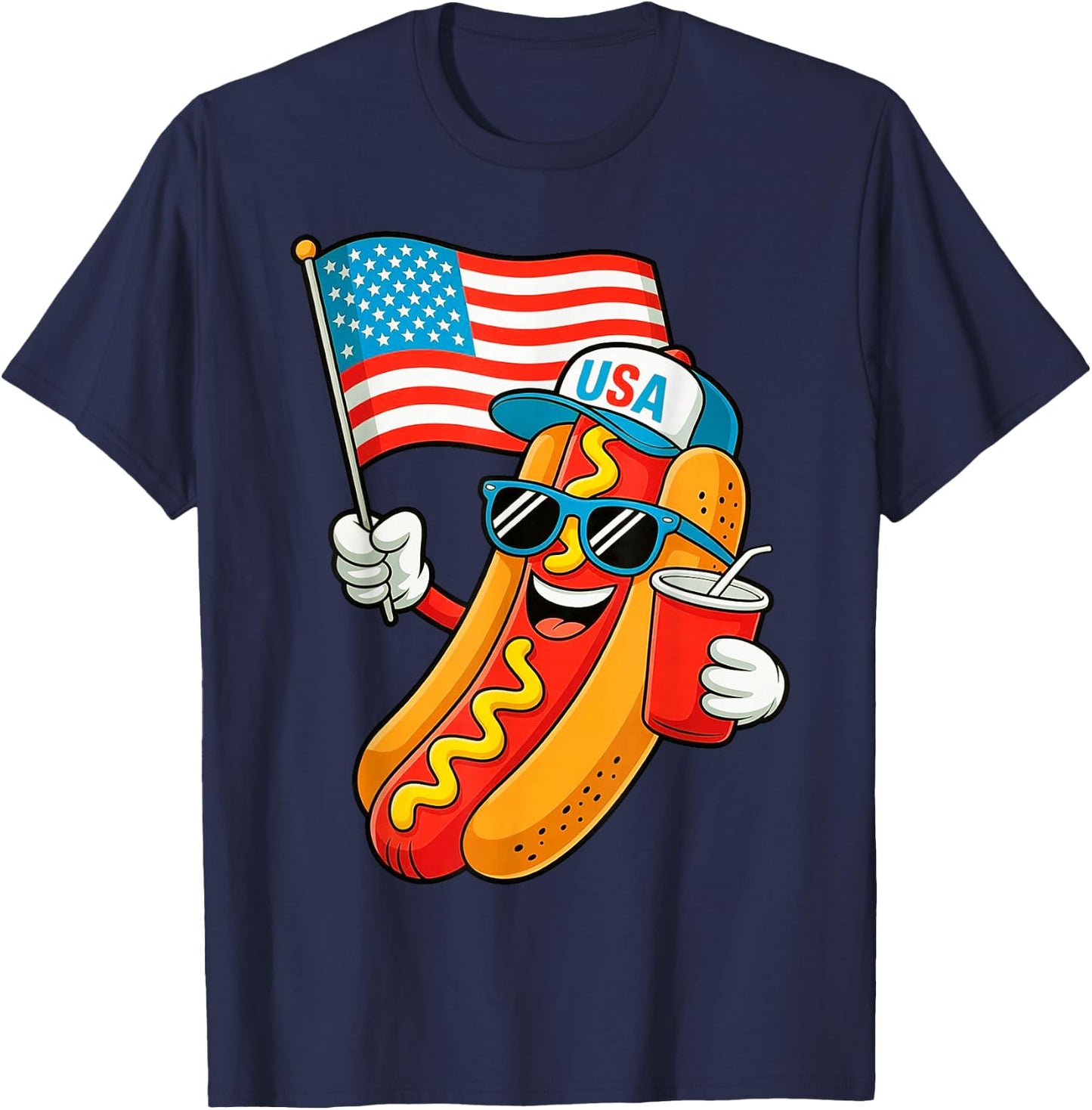 4th of July Hotdog Funny Fourth of July Patriotic USA Flag T-Shirt - T-Shirt | Navy