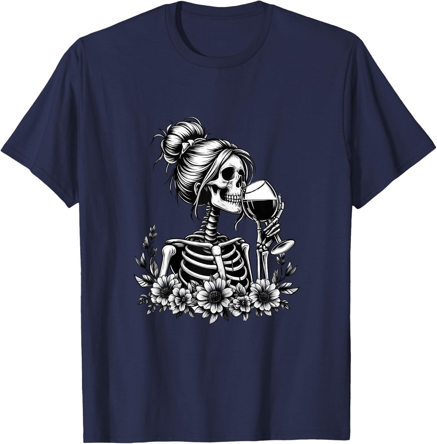 Female Skeleton Wine Drinking Messy Bun Vintage Halloween T-Shirt - T-Shirt | Navy