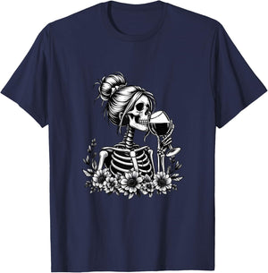 Female Skeleton Wine Drinking Messy Bun Vintage Halloween T-Shirt - T-Shirt | Navy