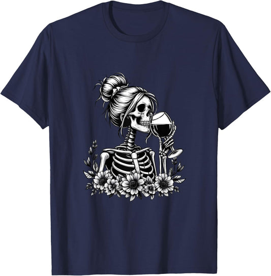 Female Skeleton Wine Drinking Messy Bun Vintage Halloween T-Shirt - T-Shirt | Navy