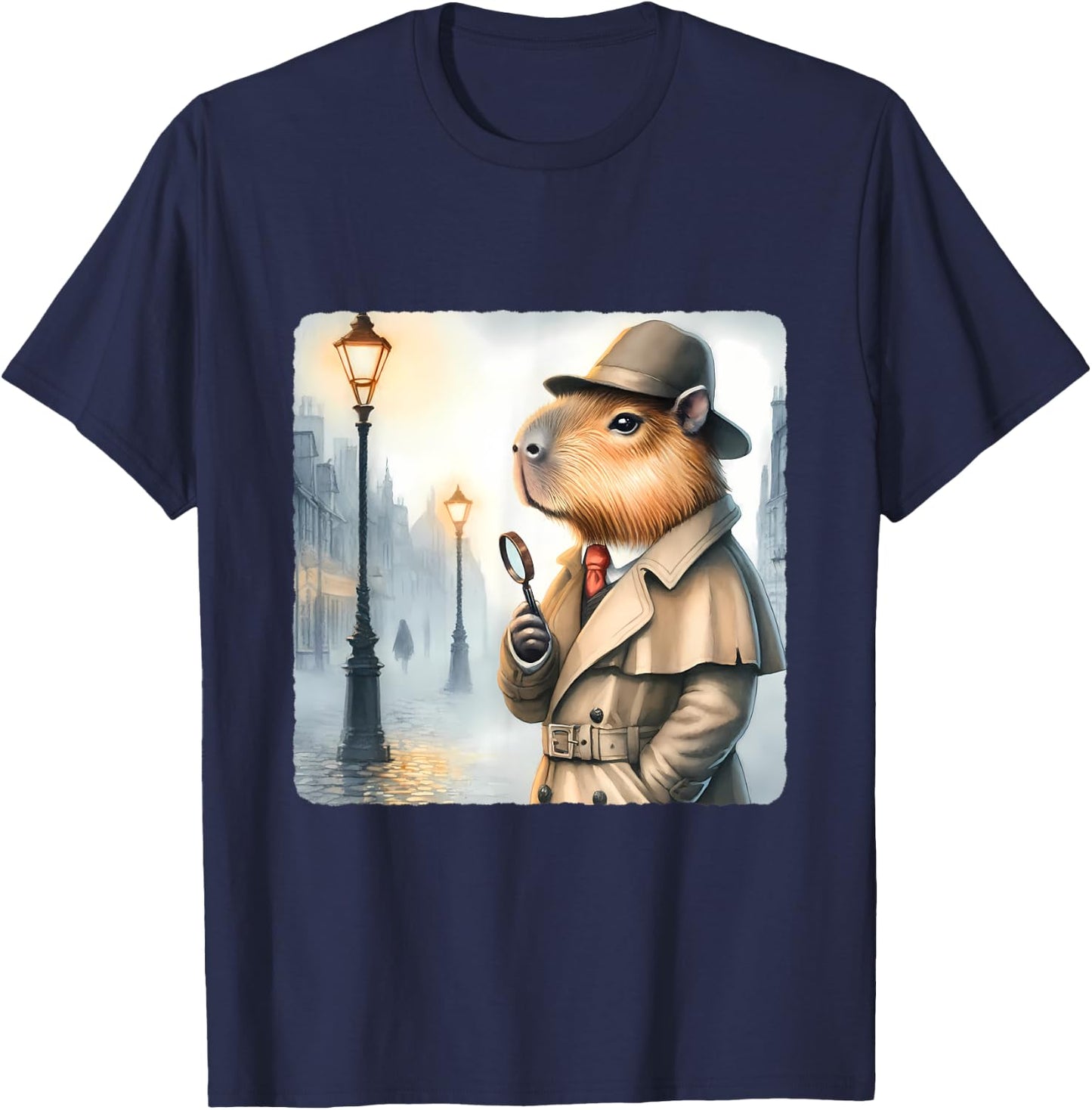 Capybara Detective With Magnifying Glass. Trench Coat Hat T-Shirt - T-Shirt | Navy