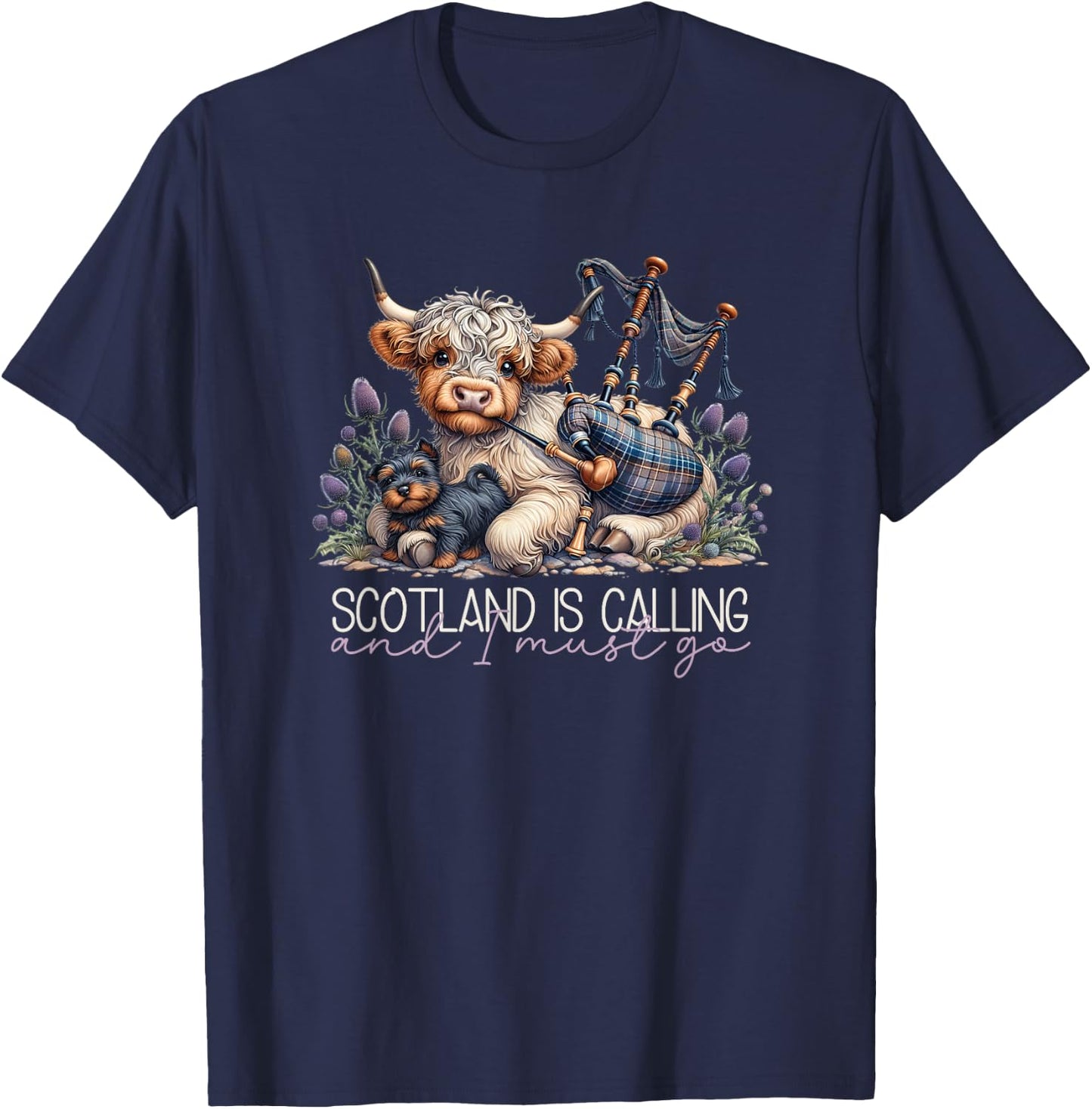 Scotland is Calling Scottish Highland Cow Bagpipes & Thistle T-Shirt - T-Shirt | Navy