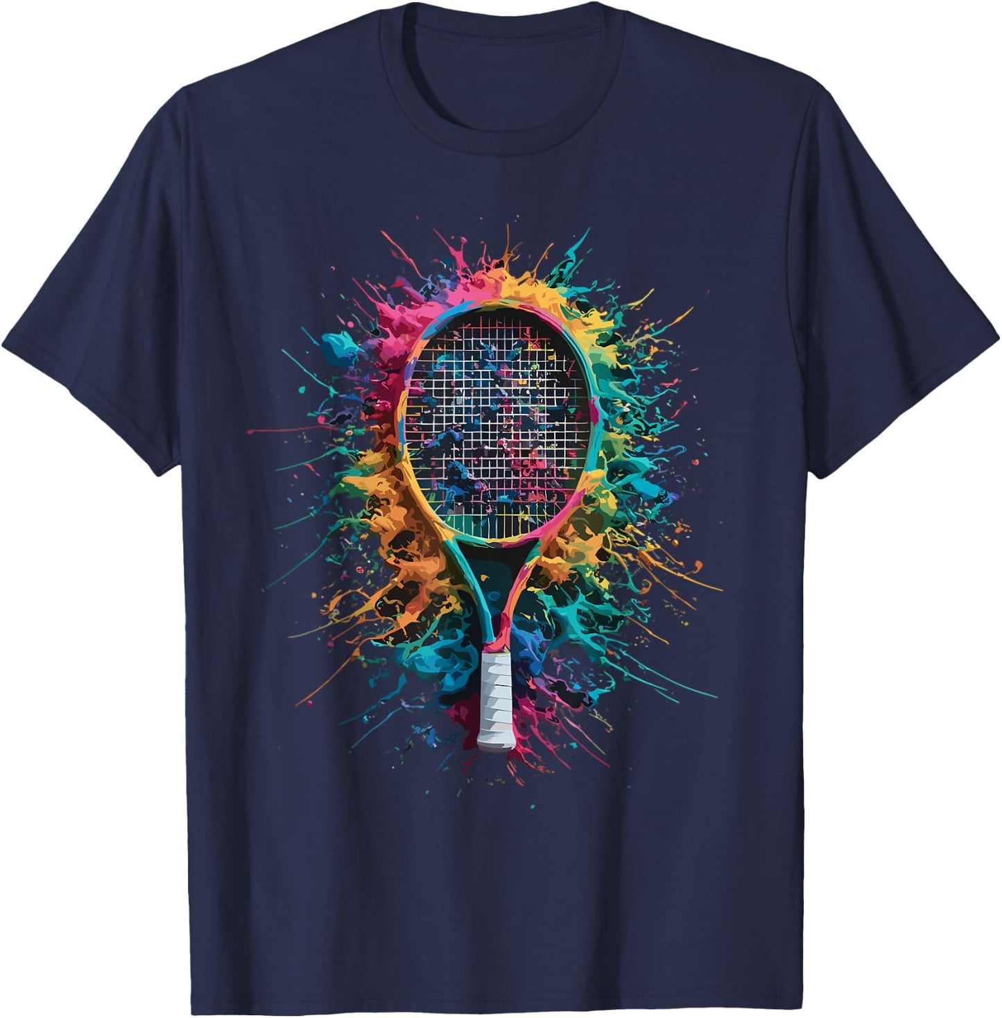 Colorful Paint Splash Tennis Racket Art Graphic T-Shirt - T-Shirt | Navy