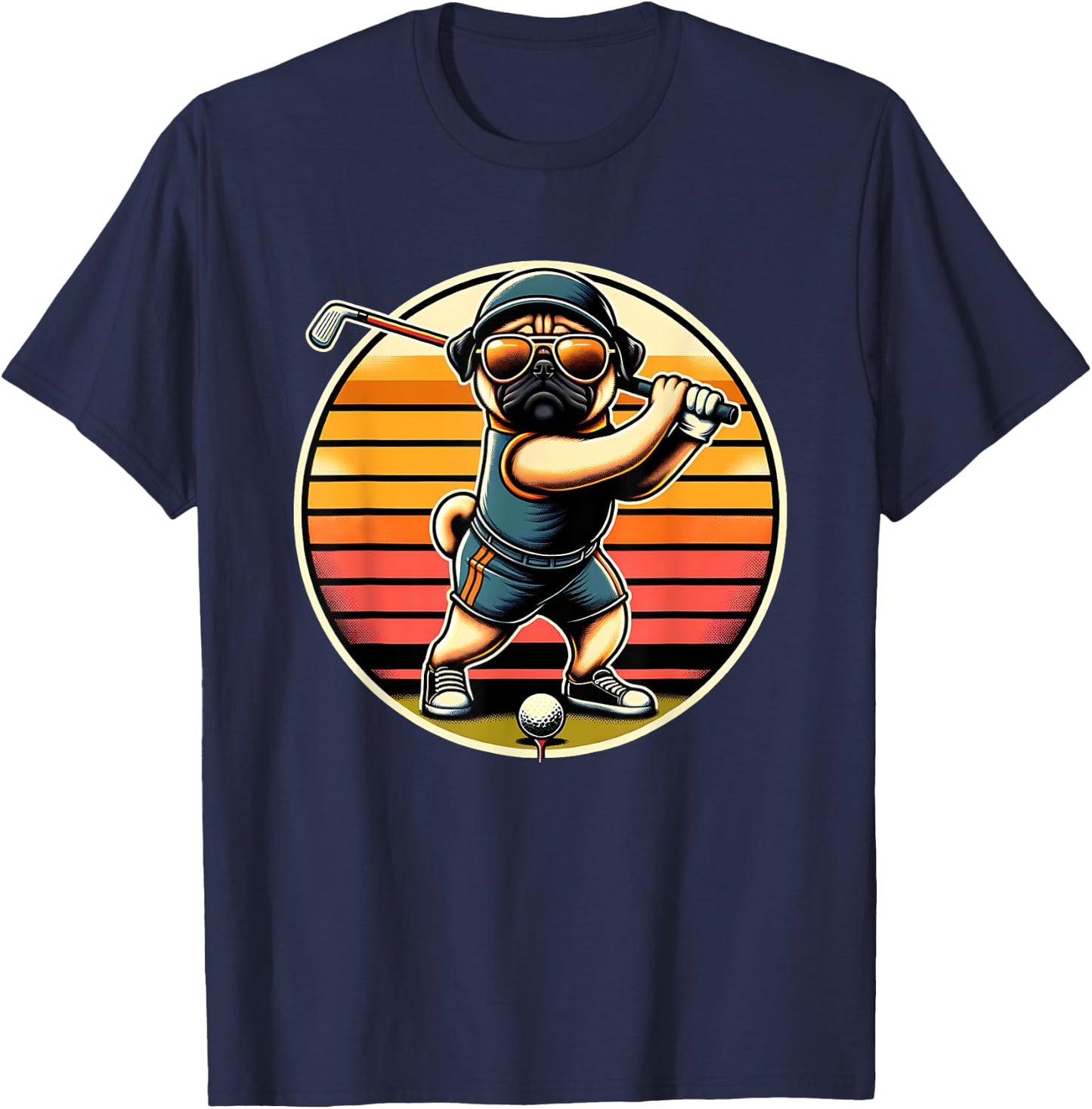 Pug Dog Golfer With Sunglasses Funny Golfing Art Men Women Kids T-Shirt - T-Shirt | Navy