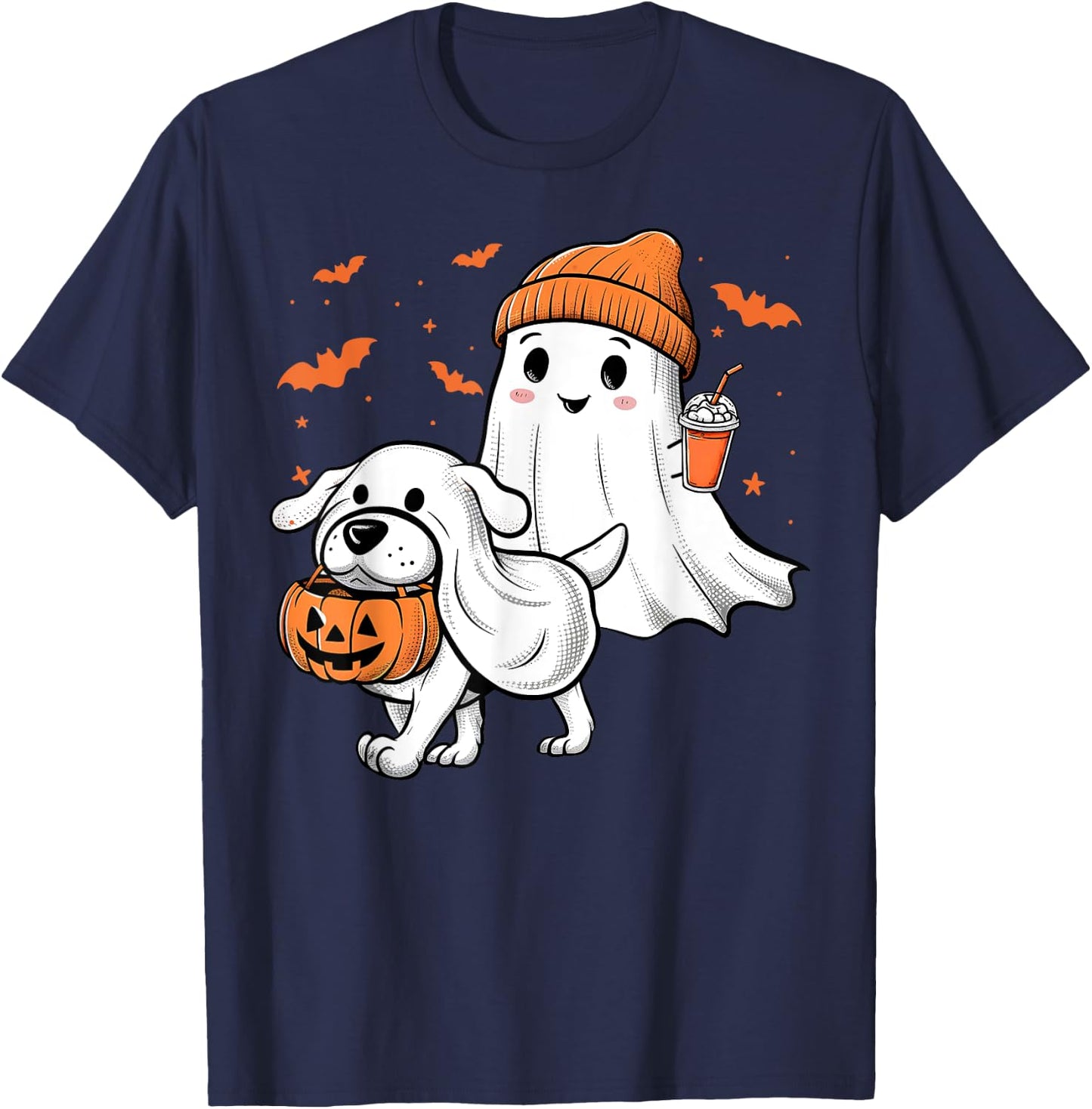 Cute Ghost Walking Dog Coquette Bow Halloween Dog Lover Girl T-Shirt - T-Shirt | Navy